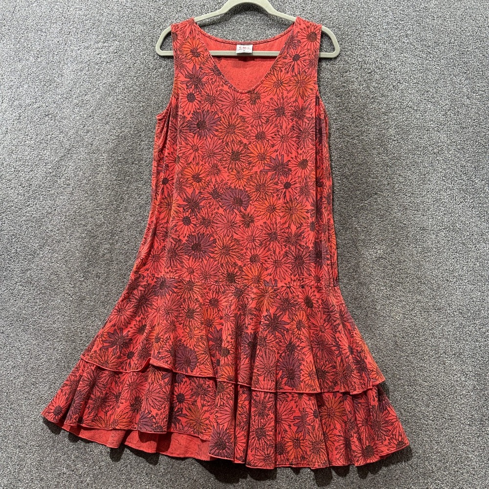 VTG Color Me Cotton Midi Dress M Floral Drop Waist Tiered Orange Sunflower Artsy
